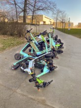 Electric scooters, overturned and stacked on top of each other, vandalism, Westend-Nord, Frankfurt