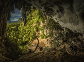 Photo of greenery and cave famous for paintings of wild animals and hand markings with petroglyphs