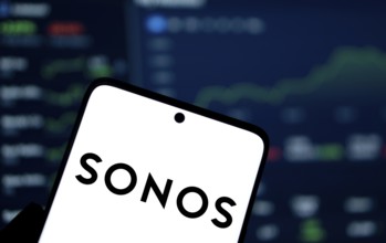 Sonos logo is displayed on smartphone. Sonos Inc is an American audio equipment manufacturer