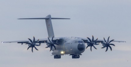 Airbus A400M military transport aircraft of the German Air Force landed at Stuttgart Airport with