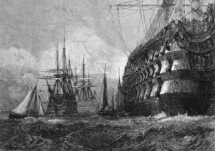Big warship on engraving from 1865 after a drawing by J.M.W.Turner and published in the Illustrated
