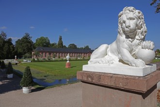 One of four lion statues by Peter Anton von Verschaffelt at the ends of the Querallee between the