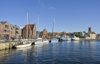 Quay, sailing ships, old harbour, behind the water gate, Wismar, Mecklenburg-Vorpommern, Germany,