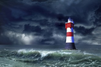 The lighthouse Roter Sand in front of a thunderstorm, Weser estuary, Bremen, Federal Republic of