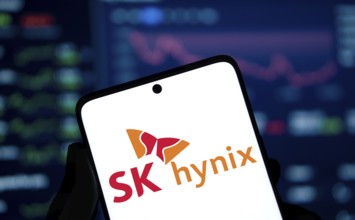 SK hynix logo is displayed on smartphone. SK Hynix Inc is a South Korean semiconductor company.