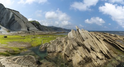 A panorama view of the Flysch rock formations and cliffs with tidal pools on the Basque Country