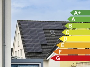 Solar panels on the roof of a house, energy efficiency classes according to the GEG, Hilden,