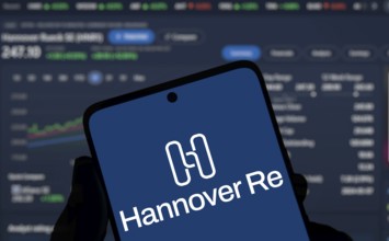 Hannover re logo is displayed on smartphone.Hannover Re is a reinsurance company