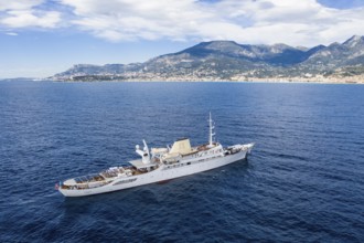 Aerial view 99 metre long motor yacht Christina O, former frigate built in 1942 by Canadian