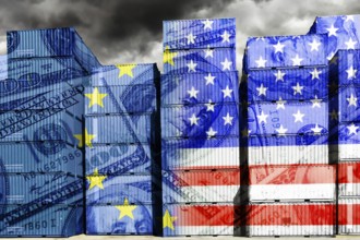 Stacked containers with European and US flags and dollar notes, symbolic photo trade between the