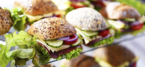 Ham and cheese sandwiches displayed for sale