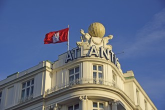 Europe, Germany, Hamburg, Outer Alster Lake, view to Hotel Atlantic, facade decoration with globe,