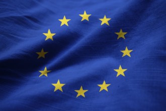 Closeup of Ruffled European Union Flag, European Union Flag Blowing in Wind