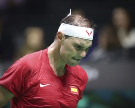 Der spanische Tennisspieler Rafael Nadal reagiert beim Davis-Cup-Finale 2024, Palacio de Deportes
