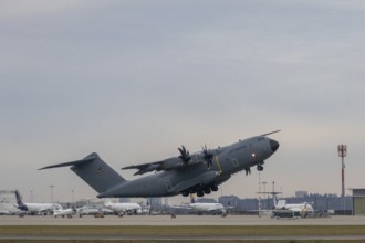 Airbus A400M military transport aircraft of the German Air Force landed at Stuttgart Airport with