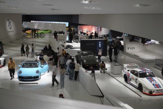 Various Porsche models in a lively museum exhibition, Exhibition, New Porsche Museum 2009,