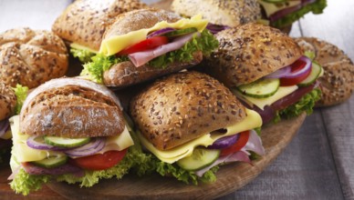 Ham and cheese sandwiches on the kitchen table