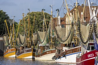 Crab cutter with crab net in the harbour of Greetsiel, Greetsiel, East Frisia, North Sea, Lower