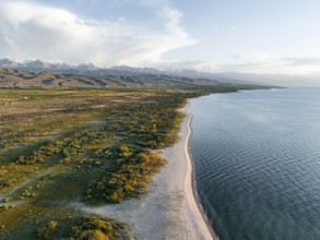 Aerial view, landscape at Lake Issyk Kul, Kyrgyzstan, Asia