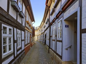 Narrow alley between half-timbered houses in the old town, UNESCO World Heritage Site, Goslar,