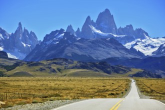 Famous rock Fitz Roy peaks in the Andes. Magnificent panorama of snow-capped mountains in Patagonia