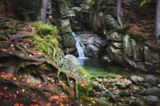 Enchanted place by the waterfall in autumn mountain forest of Karkonosze Mountains, Sudetes,