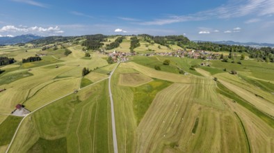 Aerial view over fields and meadows to village Vorderburg, agricultural area in spring, Allgäu,