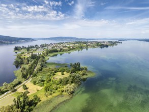 Aerial view of the island of Reichenau in Lake Constance with the Höri peninsula and the Hegauberge