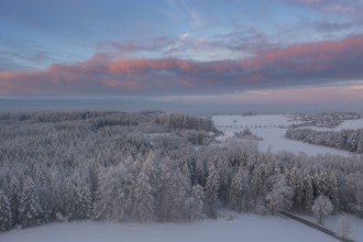 Winter forest near Eurasburg, winter at sunrise, drone shot, Upper Bavaria, Bavaria, Germany,
