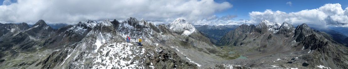 Panorama, Mountaineer at Keeskopf summit with summit cross, Mountain landscape with snow, View into