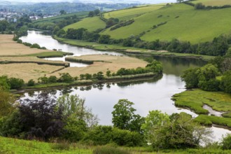 Landscape view of River Dart estuary and valley near Totnes, south Devon, England, UK
