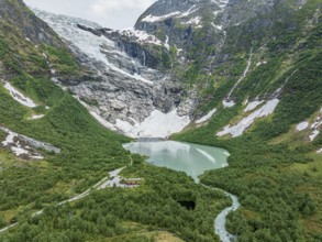 Glacier boyabreen, a glacier tongue of the Jostedalsbreen, glacial lake, north of village