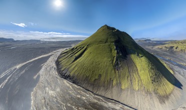 Aerial view, Mælifell mountain covered with moss, Maelifell, black sand desert Mælifellssandur,