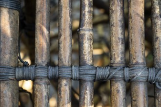 Close-up of a complex bamboo installation with ropes, bamboo sculpture by Doug and Mike Starn, art