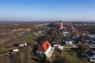 Drone shot, view of the village with Augustinian monastery Reichersberg, Reichersberg, Innviertel.