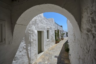 Round arch and whitewashed façade of a historic building with a cobblestone path and potted plants