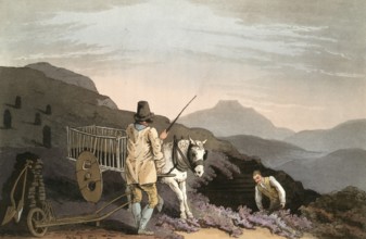 Scene from everyday life in England around 1810, peat cart with the peat cutters, historical,