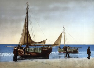 Pinken, a type of sailing ship, Scheveningen, Holland, around 1895, Historical, digitally restored