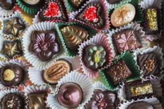 Top view and close-up of hand made mixed flavor fancy fine delicious chocolates in opened chocolate