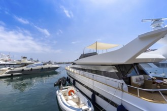 France, French Riviera, Monte Carlo marina with luxury yachts and cars in Monaco bay, Europe