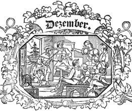 Month of December, grapevine ornamentation, woodcut illustration, Swiss calendar for 1848