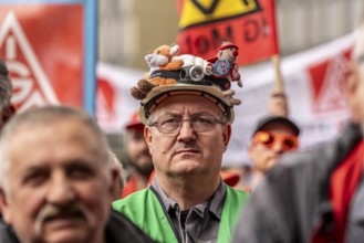 Demonstration by many thousands of steelworkers in front of the ThyssenKrupp headquarters in Essen