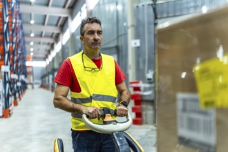Mature male manual worker wearing safety reflective waistcoat using forklift to move boxes in a