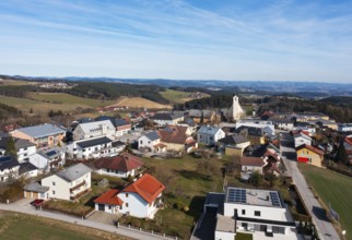 Drone image, view of village with parish church, Altenberg near Linz, Mühlviertel, Upper Austria,