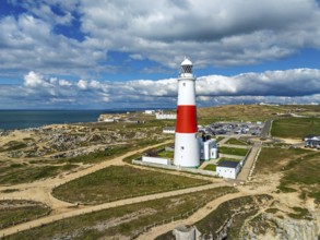 Portland Bill Lighthouse from a drone, Portland Bill, Isle of Portland, Dorset, England, United