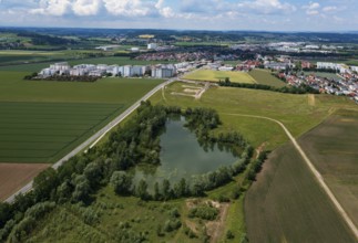 Drone image, shoring in grassland with pond, housing estate, high-rise housing estate, Asten, Linz