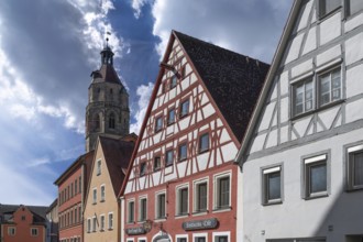 Historic house gables and the tower of St Andrew's Church, Weißenburg, Middle Franconia, Bavaria,
