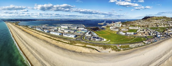 Panorama of Chesil Beach from a drone, West Bay to Portland, Jurassic Coast, Dorset, England,