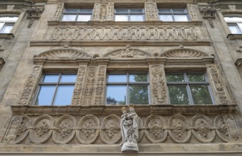 Figure of a saint, house saint on a house facade around 1900, Bamberg, Upper Franconia, Bavaria,