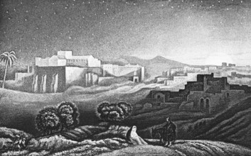 Townscape of Bethlehem, fields, starry sky, birthplace of Jesus, Bible, historical illustration